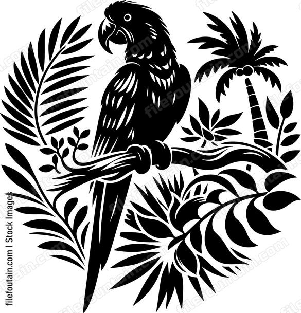 Parrot perched on a tropical branch amidst lush foliage