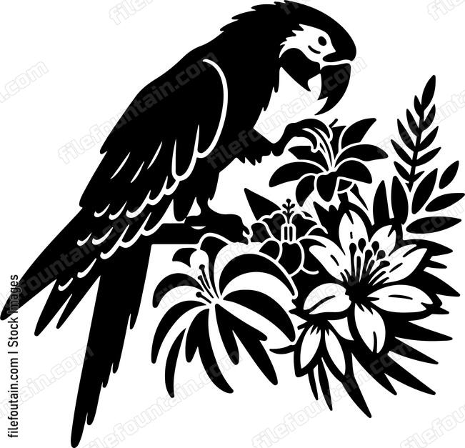 Parrot sipping nectar from colorful tropical flowers