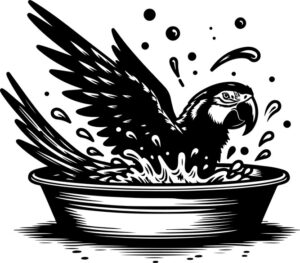 Parrot splashing joyfully in a shallow water basin