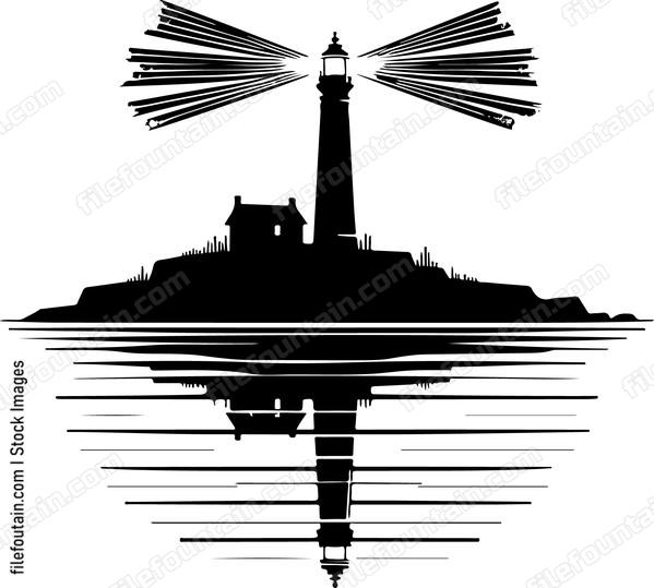 Reflectionxofxaxdistantxlighthousexcastingxintermittentxbeamsxonxthexlakesxsurfacex