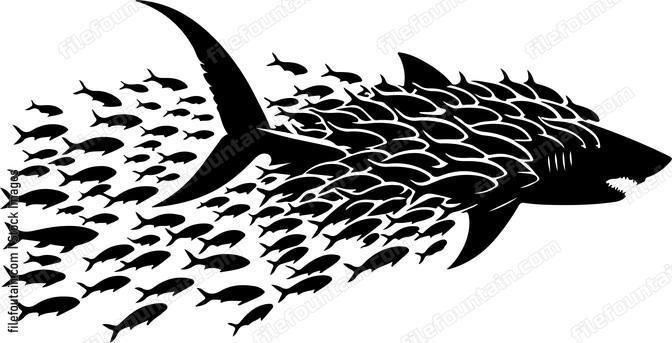 Shark attacked by a school pof fish