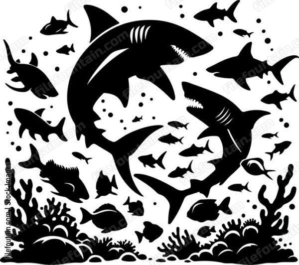 Shark in a playful encounter with other marine creatures