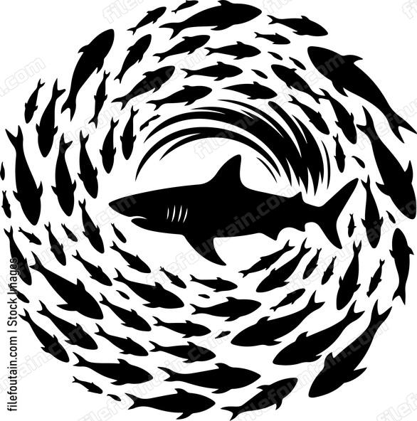 Shark surrounded by a swirling vortex of fish
