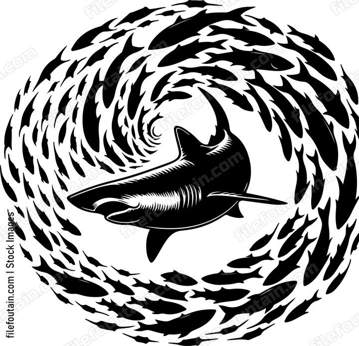 Shark surrounded by a swirling vortex of fish