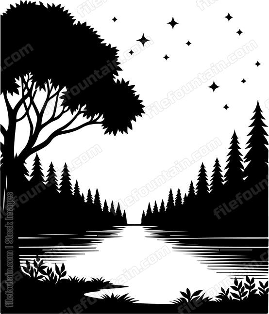 Silhouettes of trees framing the serene lake under a starry night sky