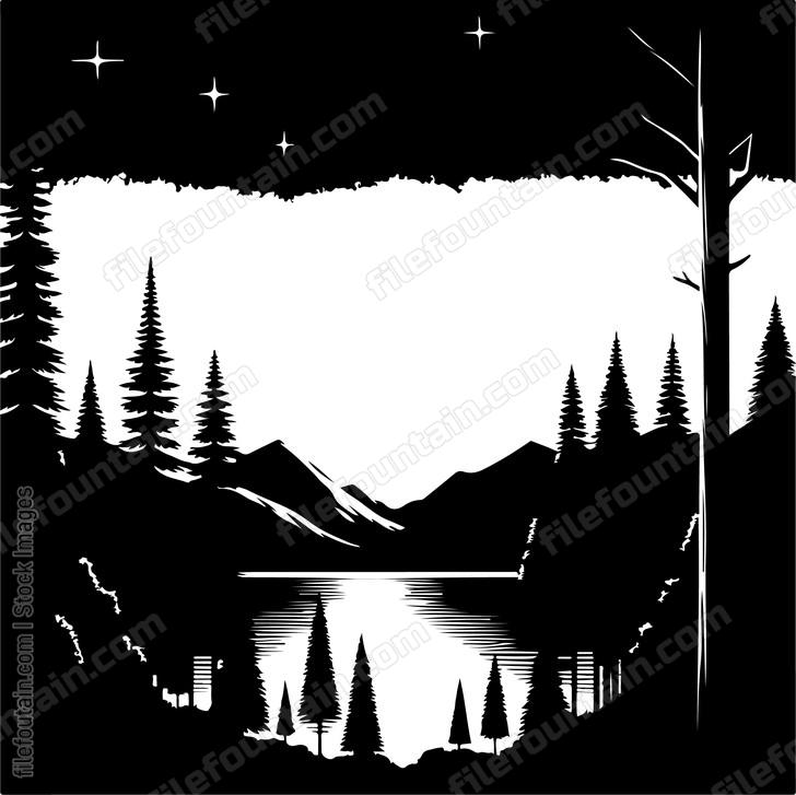 Silhouettes of trees framing the serene lake under a starry night sky