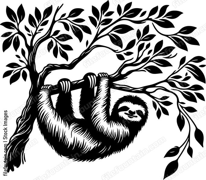 Sloth leisurely hanging from a tree branch munching on leaves