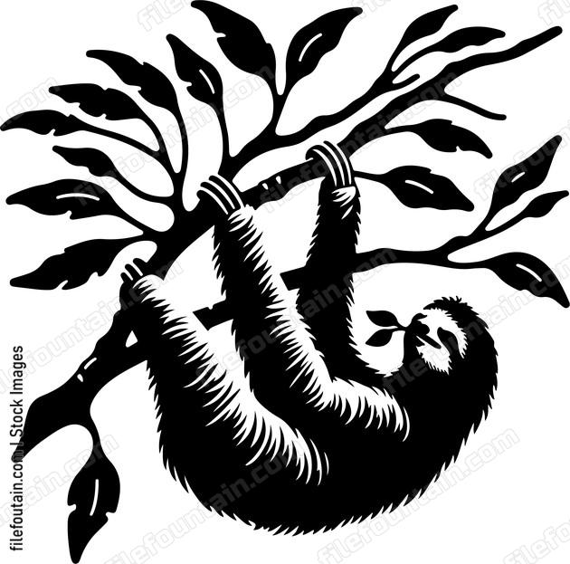Sloth leisurely hanging from a tree branch munching on leaves
