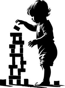 toddler building a tower with colorful blocks