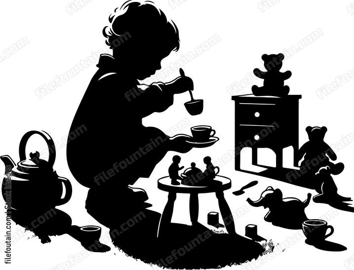 toddler having a pretend tea party with toys