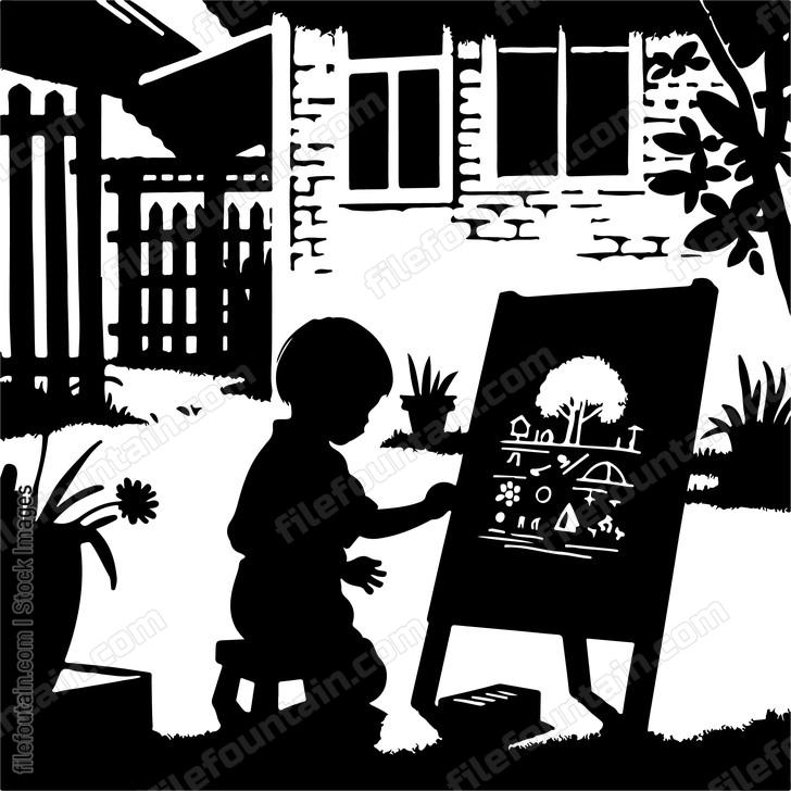toddler scribbling on a chalkboard in the backyard