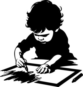 toddler scribbling with crayons on a large paper