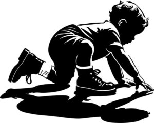 toddler trying on oversized shoes and stumbling playfully