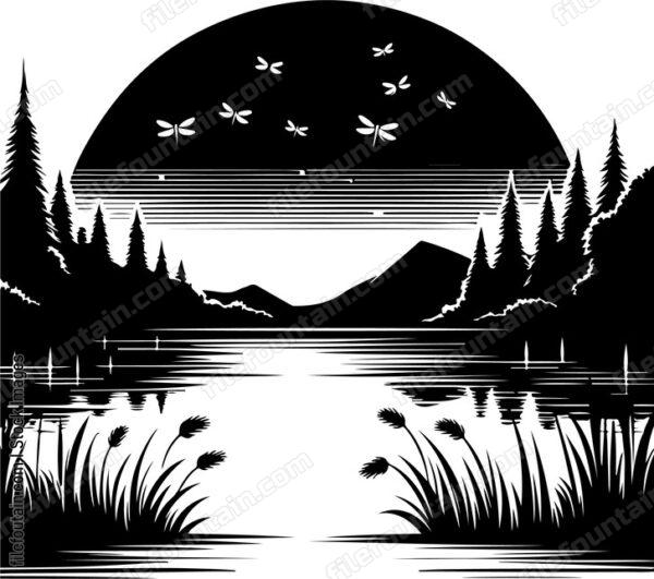 Tranquil lake at night with fireflies dancing above the water