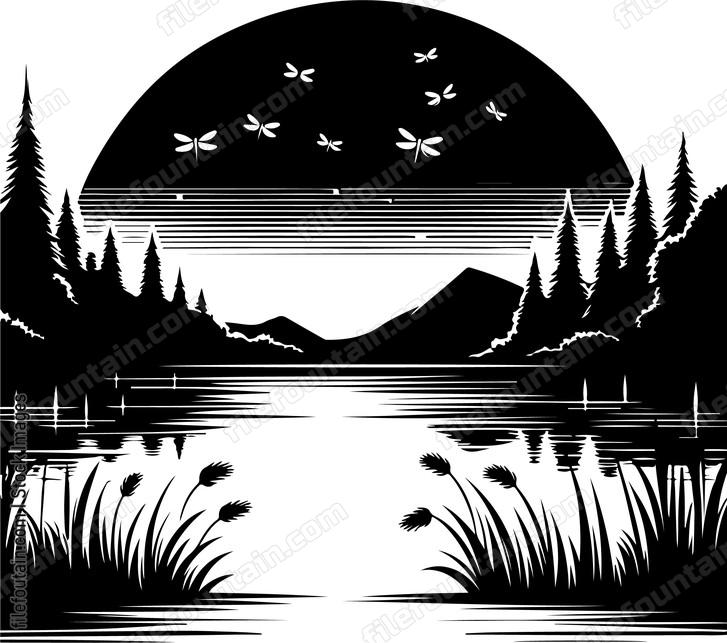 Tranquil lake at night with fireflies dancing above the water
