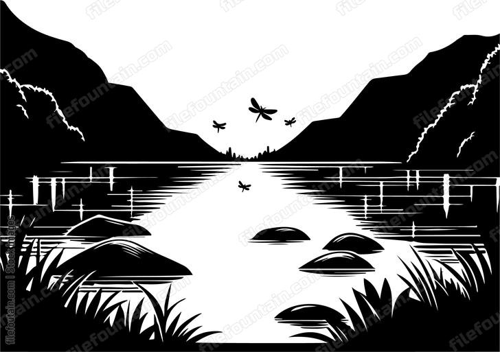 Tranquil lake at night with fireflies dancing above the water
