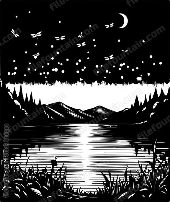 Tranquil lake at night with fireflies dancing above the water