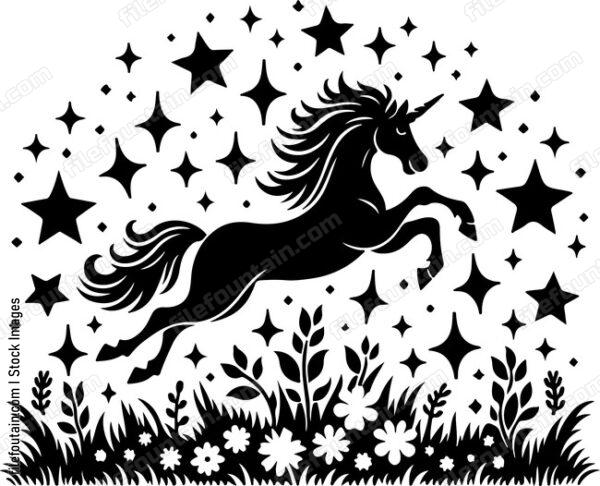 Unicorn frolicking in a field of shimmering stars