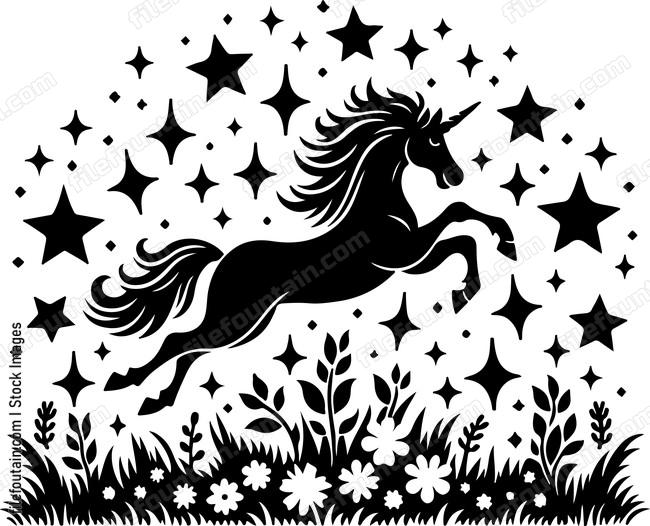 Unicorn frolicking in a field of shimmering stars