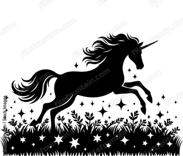 Unicorn frolicking in a field of shimmering stars