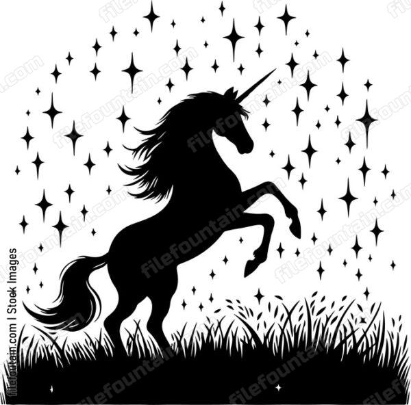Unicorn frolicking in a field of shimmering stars