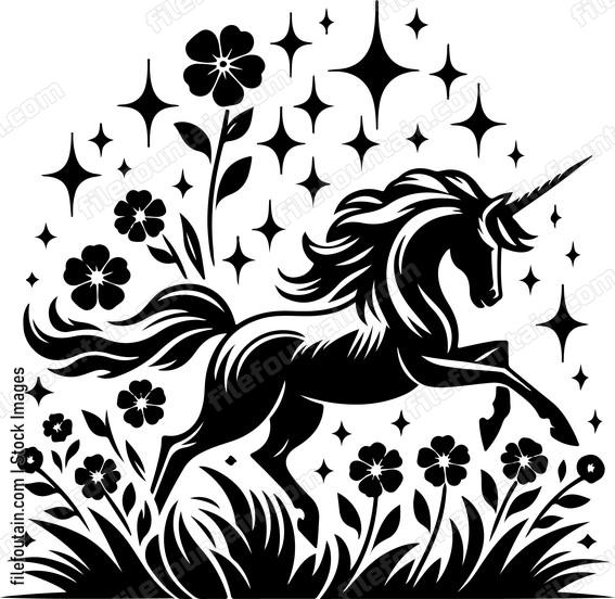Unicorn galloping through a field of sparkling flowers