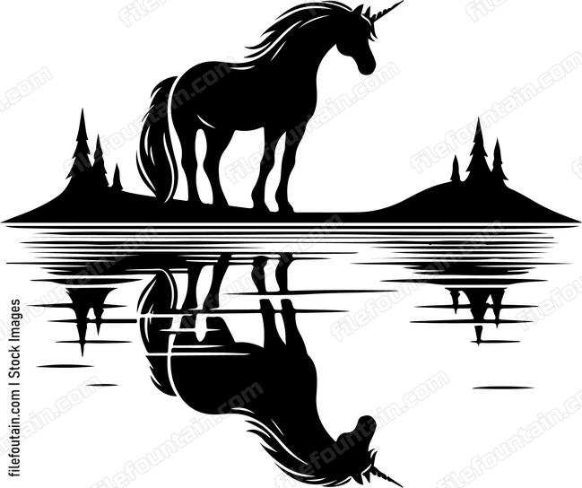 Unicorn gazing at its reflection in a serene lake