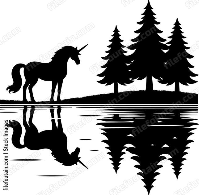 Unicorn gazing at its reflection in a serene lake