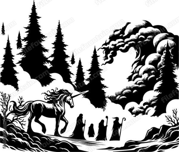 Unicorn guiding lost travelers through a dense fog