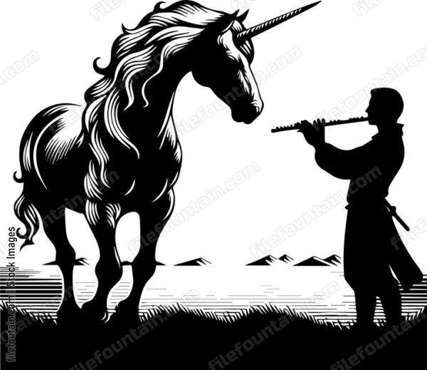Unicorn harmonizing with the melodies of a distant flute player