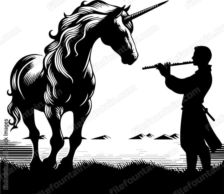Unicorn harmonizing with the melodies of a distant flute player