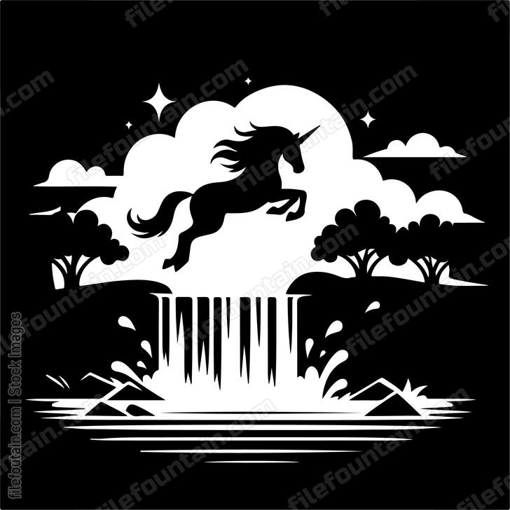 Unicorn leaping joyfully over a cascading waterfall