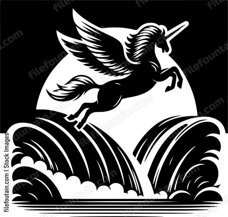 Unicorn leaping joyfully over a cascading waterfall