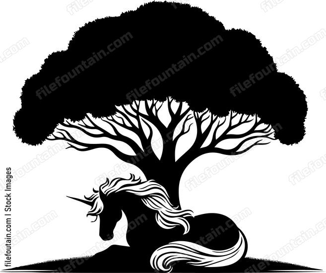 Unicorn resting under the shade of a majestic tree