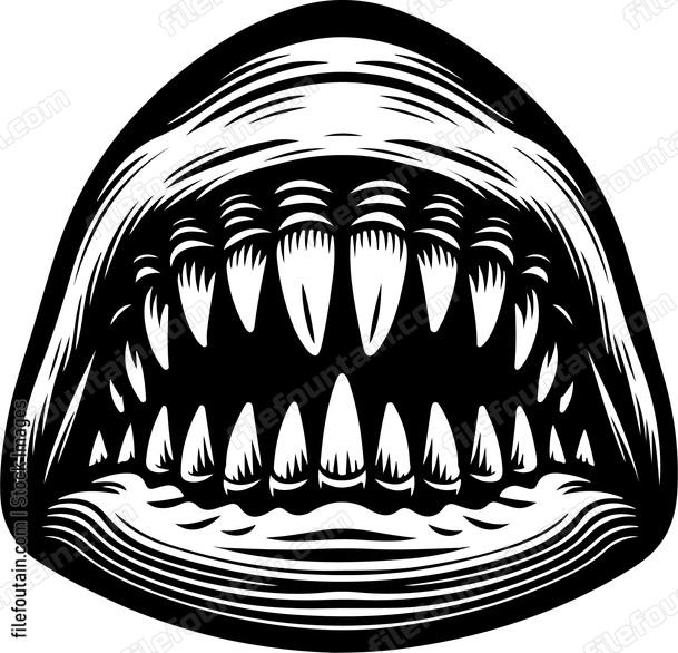 Up close shot of a sharks teeth and jaw structure