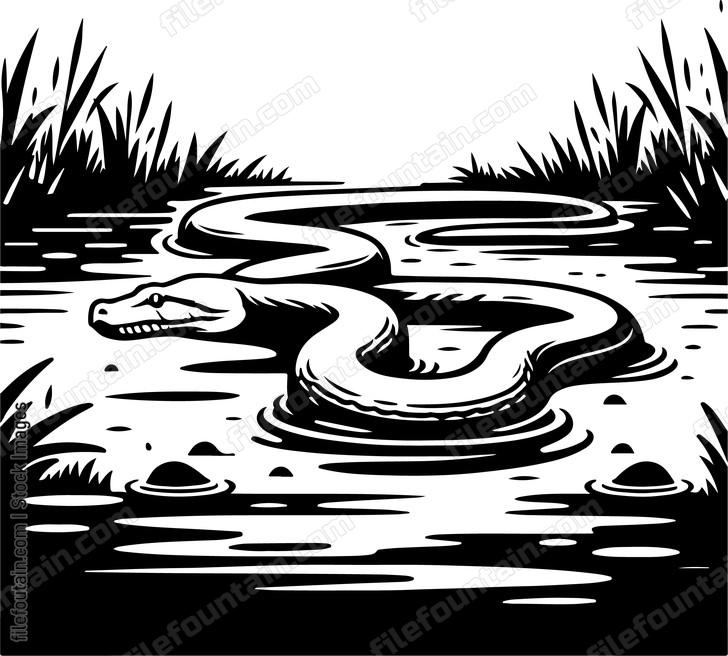 Yellow anaconda gliding gracefully through the shallow waters of a swamp