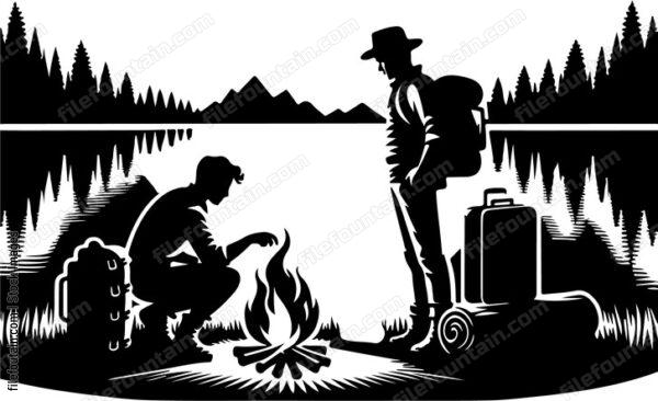 Adventurous souls setting up a lakeside campfire casting a warm glow