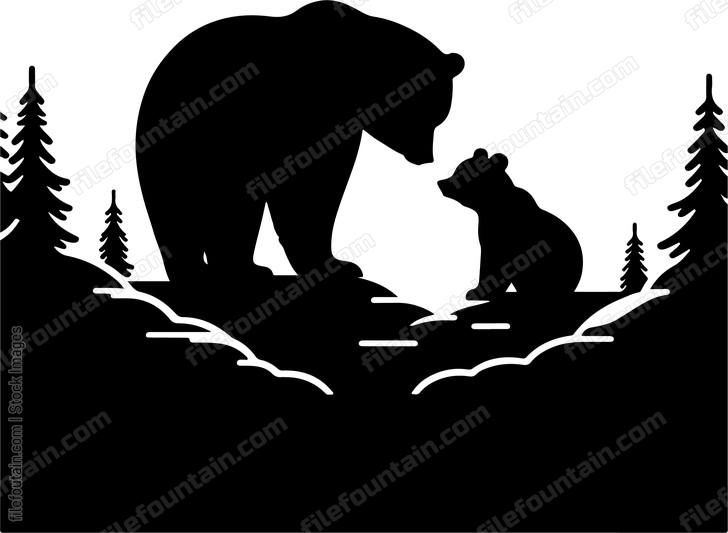 Bear cub cuddling with its mother in a snowy landscape