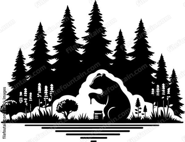 Bear feasting on honeys in a lush forest
