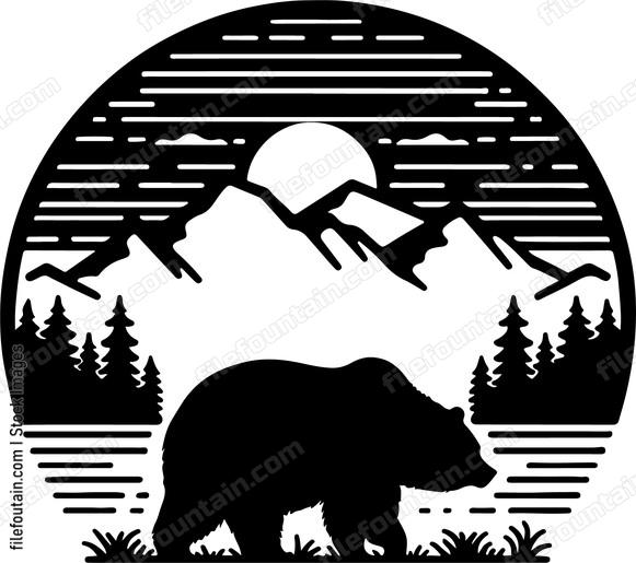 Bear silhouette against a golden sunset in the mountains