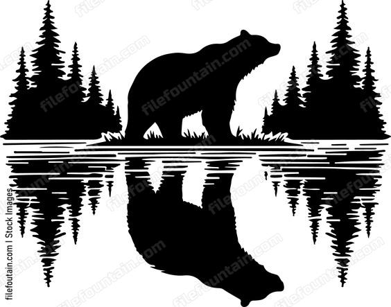 Bears silhouette reflected in a calm mountain lake