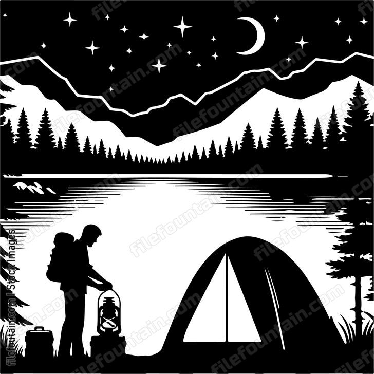 Campers setting up tents beside the lake under a canopy of stars