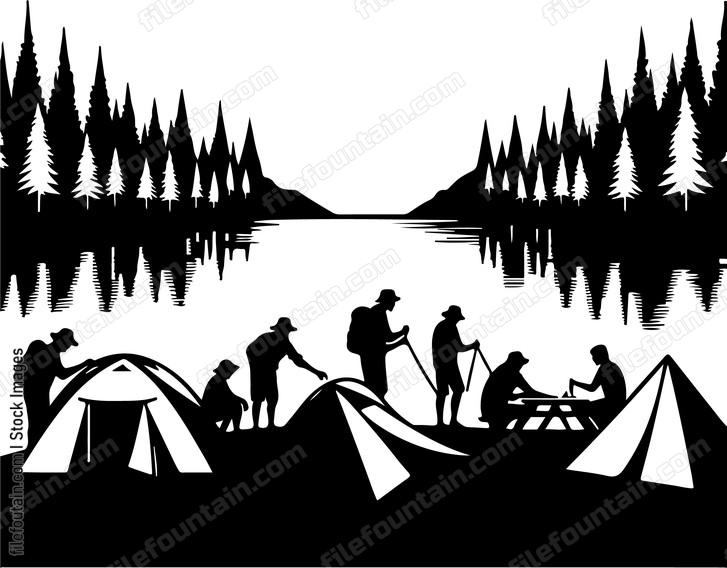Campers setting up tents beside the lake under a canopy of stars