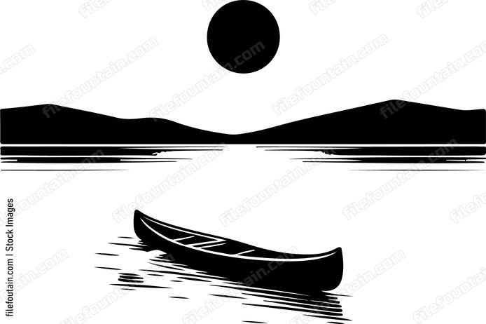 Canoe gliding silently on the calm waters of the lake at night