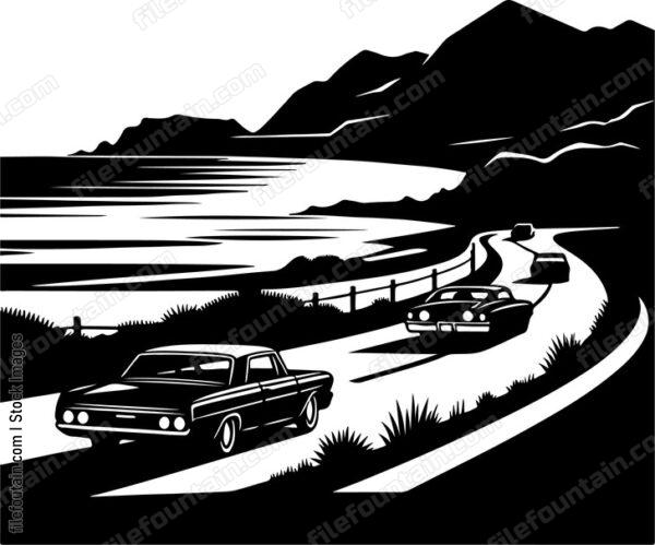 Cars cruising along a scenic coastal road