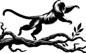 Golden lion tamarin monkeys leaping agilely between tree branches