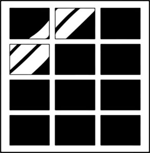 Grid of boxes with two containing diagonal lines