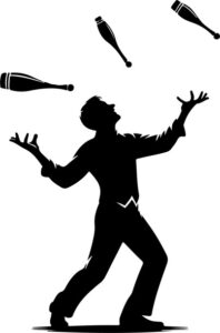 Jugglers skillfully keeping multiple objects in the air