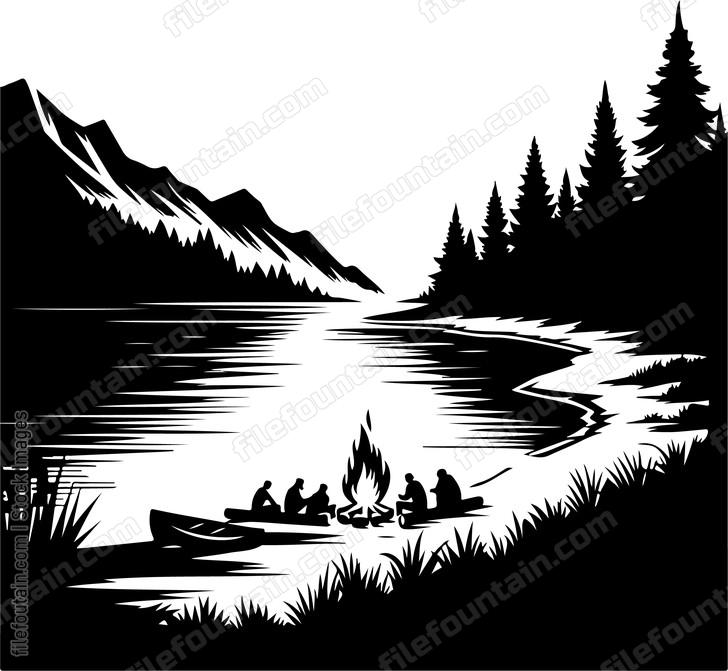 Lake at night illuminated by a bonfire on the shoreline