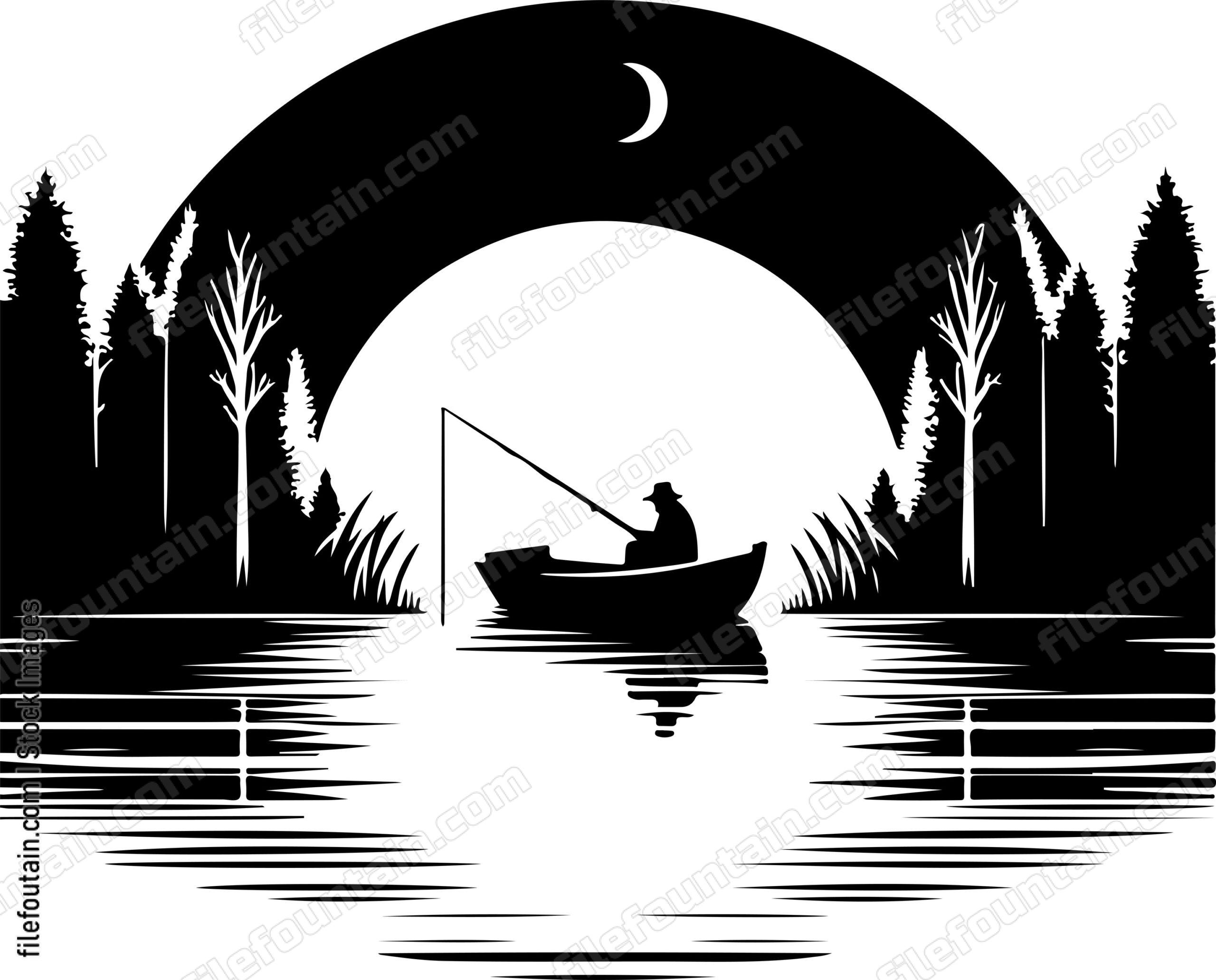 Lake at night with the silhouette of a lone fisherman on a small boat
